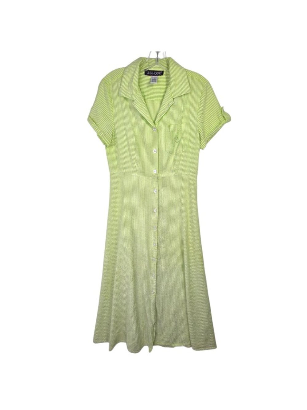 JG Hook Dress 8 Green Striped Seersucker Midi Button Up Nautical Coastal Casual - Picture 5 of 11